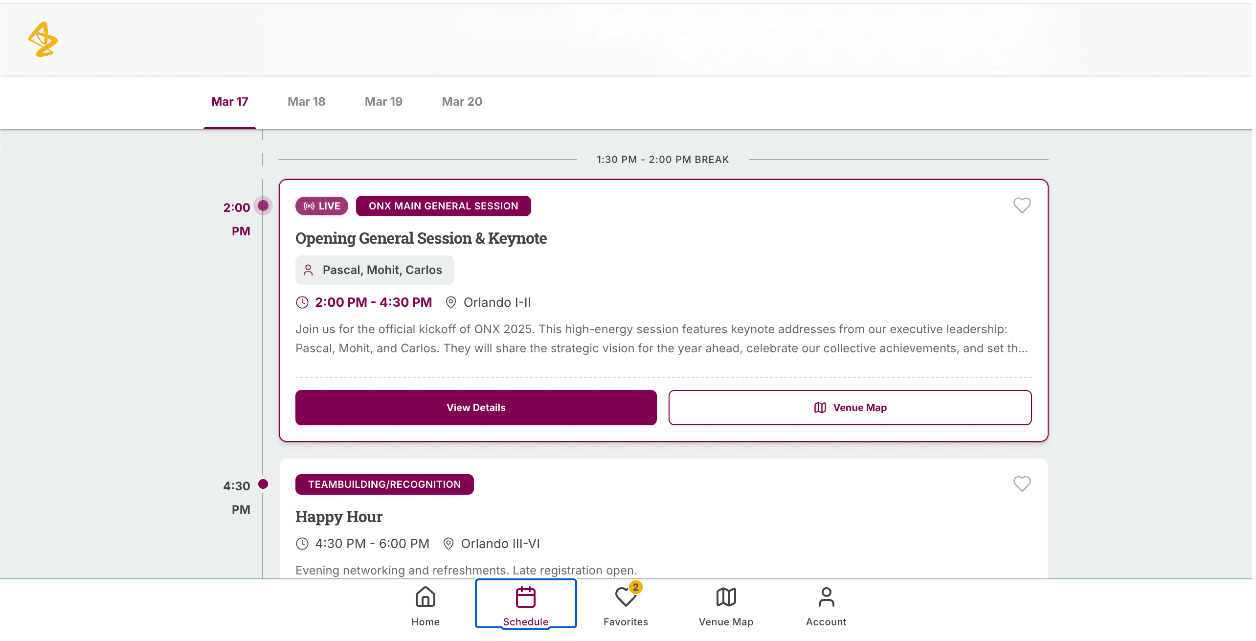 ONX 2025 Conference App schedule view prototype