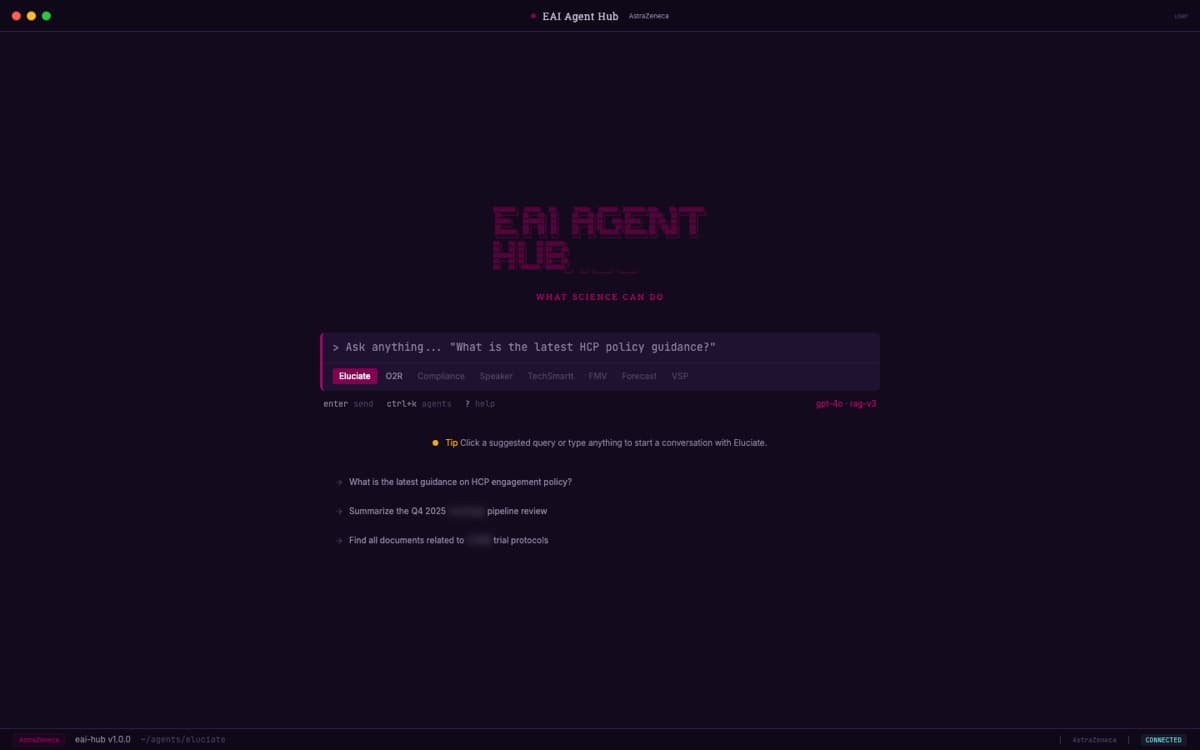 Dark keyboard-oriented agent hub with one prompt input, selectable agents, suggested queries, and keyboard shortcuts.