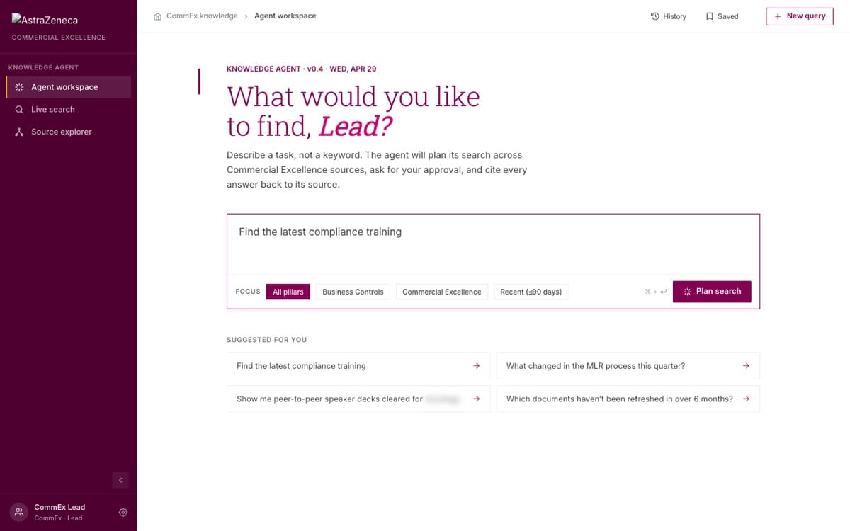 Commercial Excellence knowledge-agent prototype with a task request, focus filters, and a Plan search action.