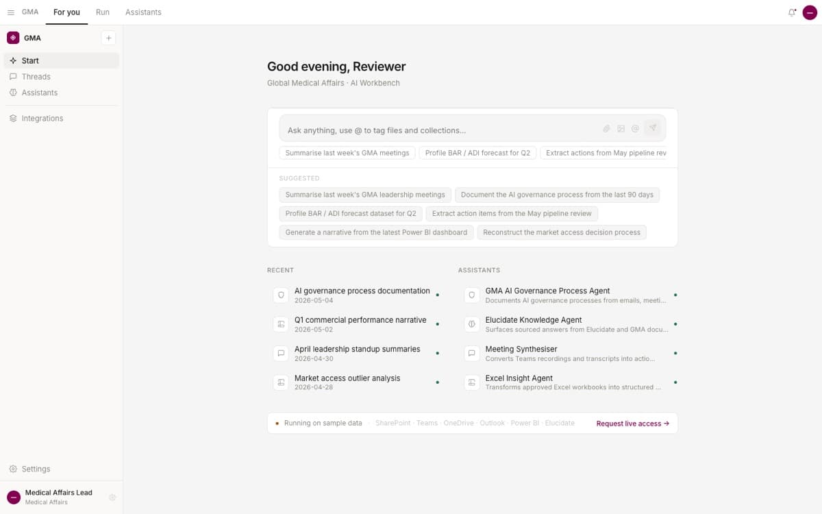 GMA workbench with a task input, suggested prompts, recent work, and a list of assistants.