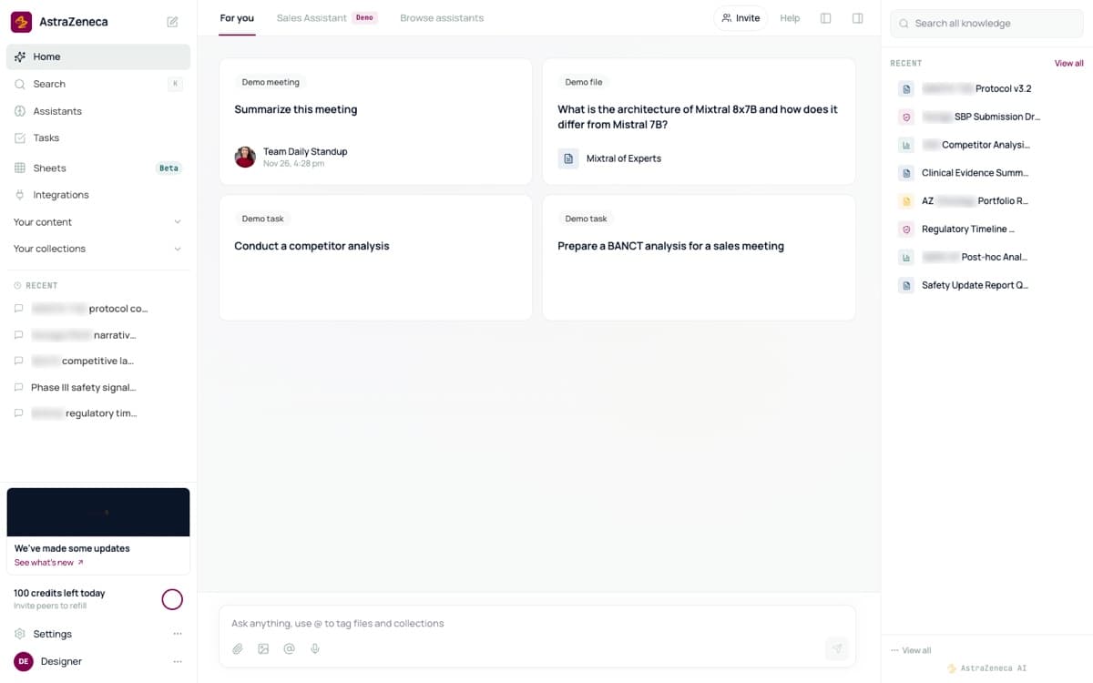 Assistant workspace with example meeting, file, and analysis tasks, a knowledge sidebar, and a message input.