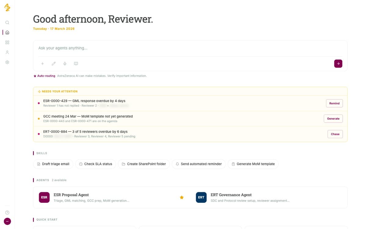 Review dashboard with overdue items, reminder and generation actions, and proposal and governance agents.