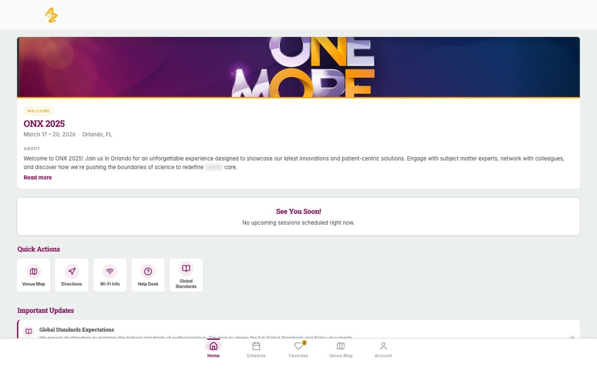 Event attendee prototype with event information, quick actions, updates, and bottom navigation for the schedule, favorites, venue map, and account.