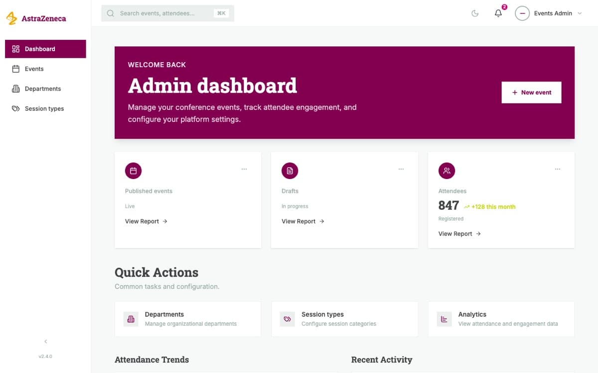 Event administration prototype with event creation, summary cards, and shortcuts for departments, session types, and analytics.
