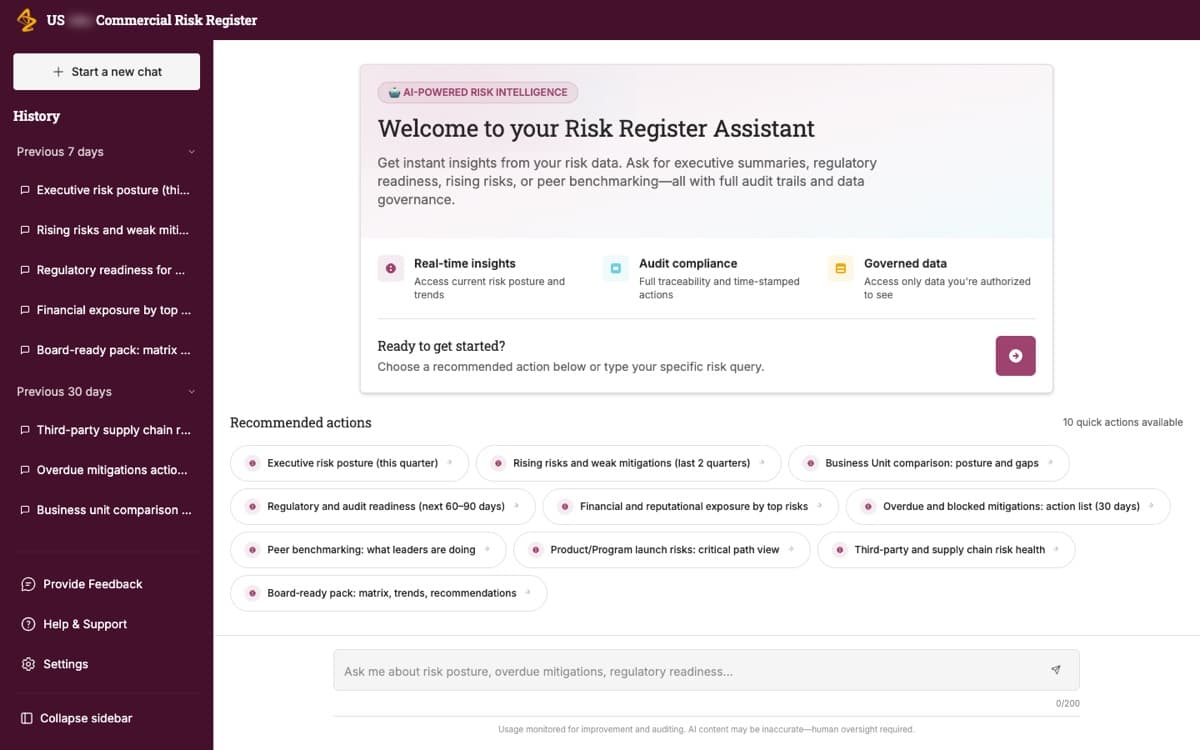 Risk-register assistant concept with suggested risk questions, conversation history, and a message input.