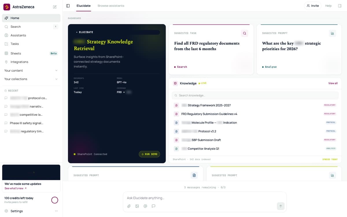 Knowledge-retrieval prototype with suggested research tasks, a searchable document list, and document categories.