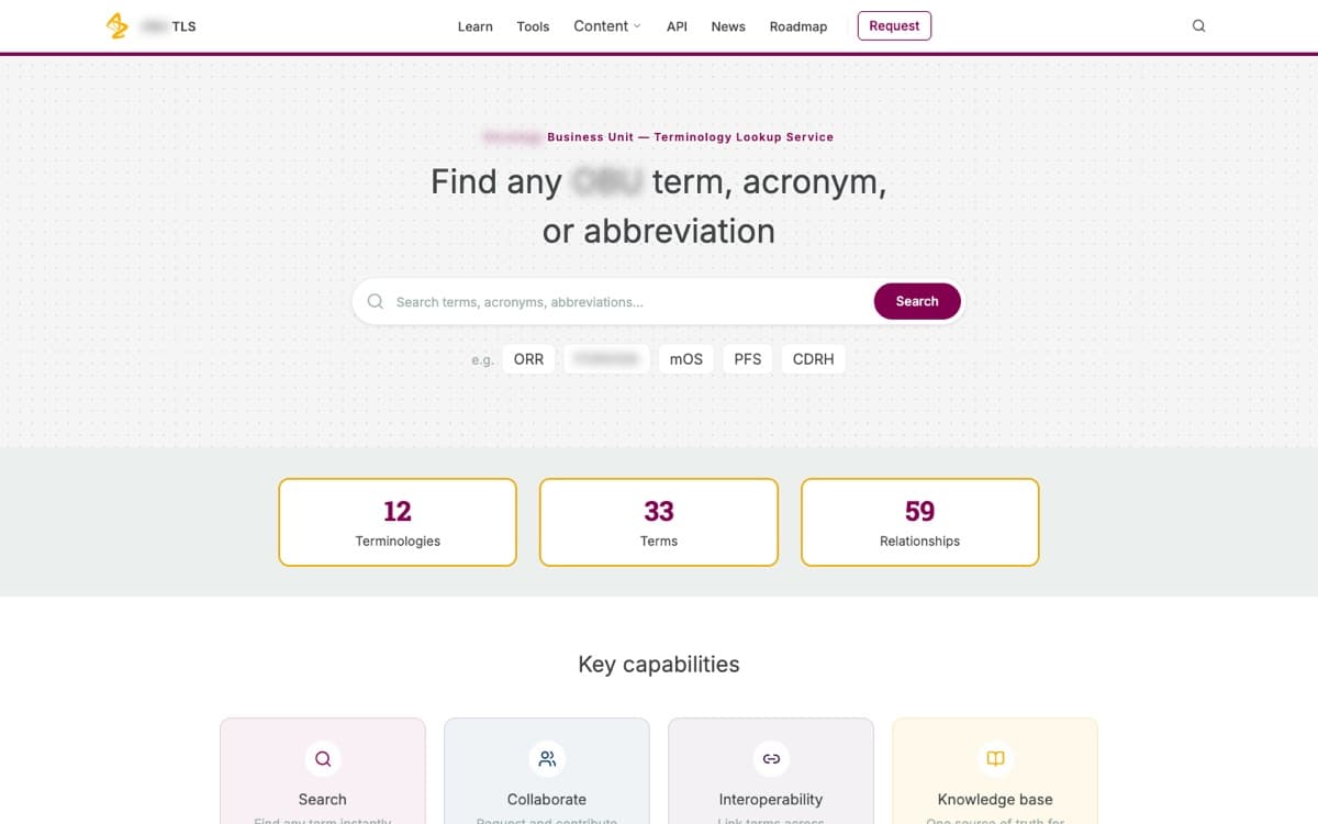 Terminology lookup prototype with search, example abbreviations, and cards for search, collaboration, interoperability, and a knowledge base.