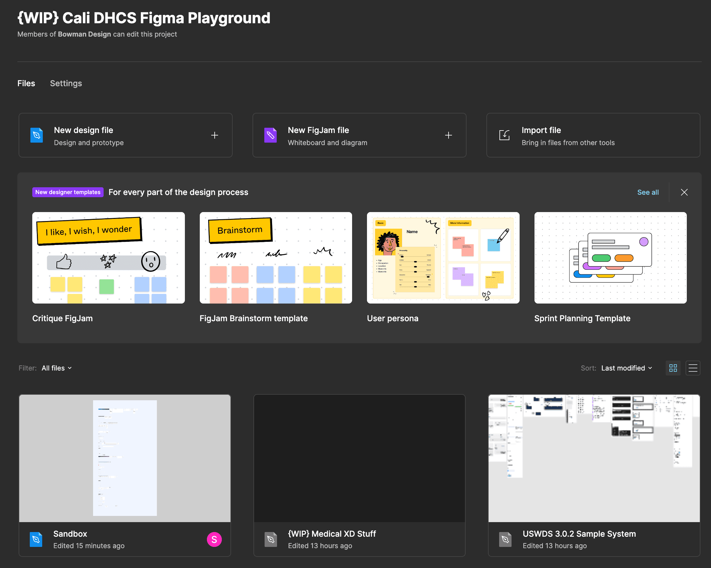 Figma workspace with an imported Adobe XD file, a sandbox, and a sample design-system file