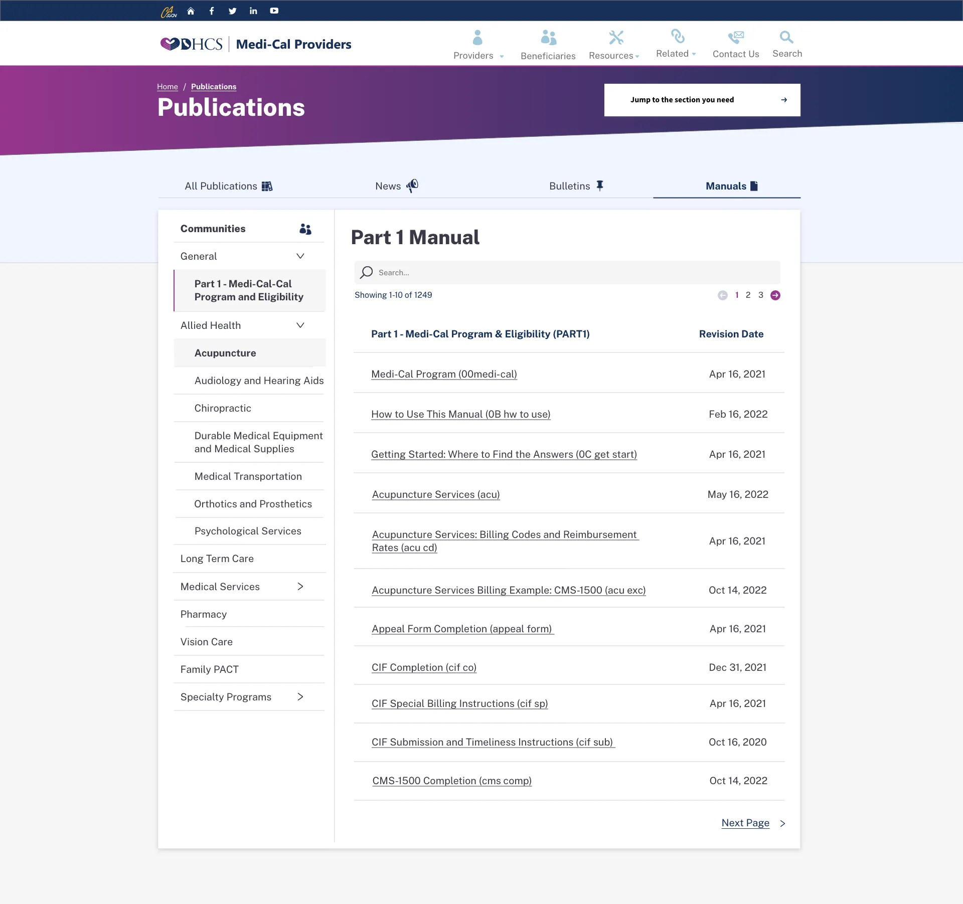 Medi-Cal Providers manual detail with publication tabs, community navigation, revision dates, and pagination