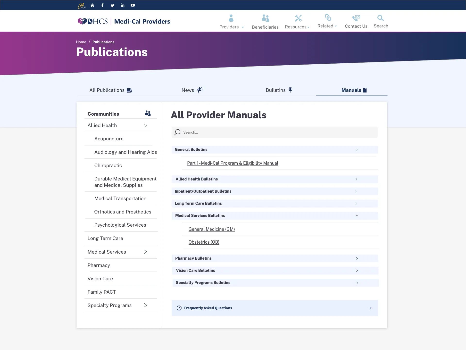 Medi-Cal Providers manual library with category navigation and grouped publications