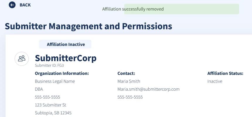 Submitter Management and Permissions page after removal, with an Affiliation successfully removed notice, an Affiliation Inactive badge, and placeholder organization and contact details