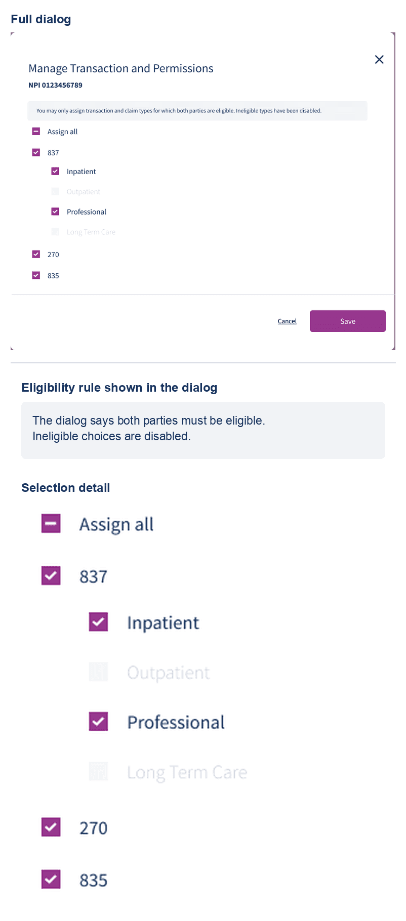 Full Manage Transaction and Permissions dialog followed by an enlarged eligibility note and selection hierarchy with a mixed Assign all checkbox, selected transactions, selected child claim types, and disabled choices