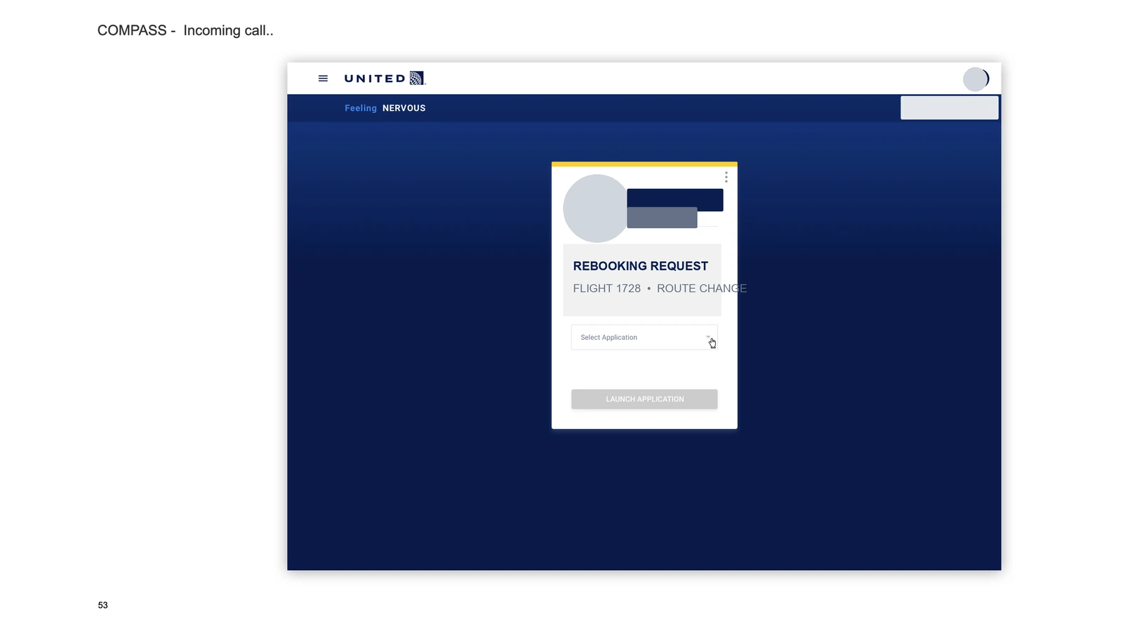 United Compass rebooking flow with passenger and itinerary context beside flight comparison and change steps