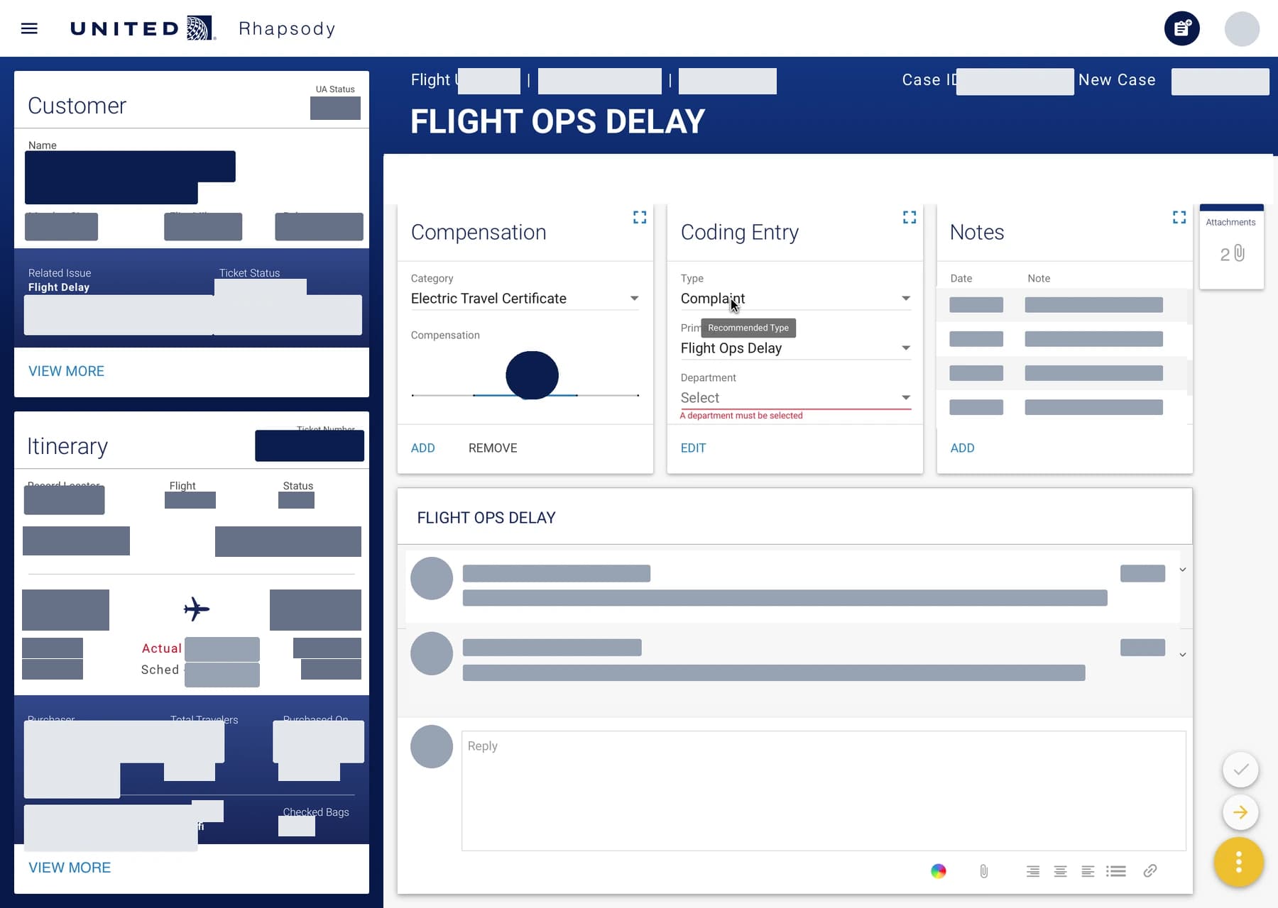 United customer care workspace with persistent customer and itinerary cards beside compensation, coding, notes, and correspondence panels