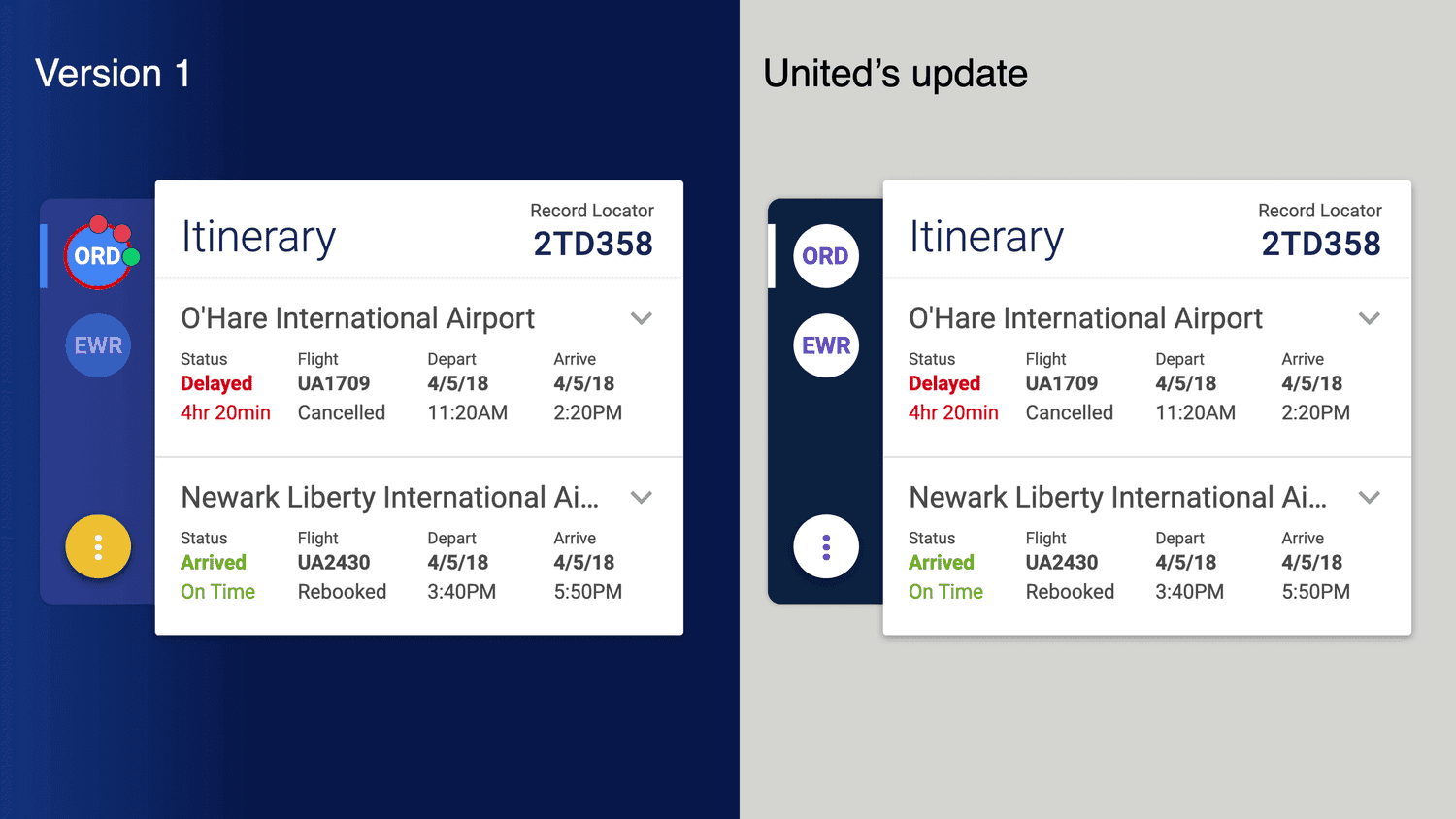 Side-by-side comparison of an early United itinerary card and United's later visual update