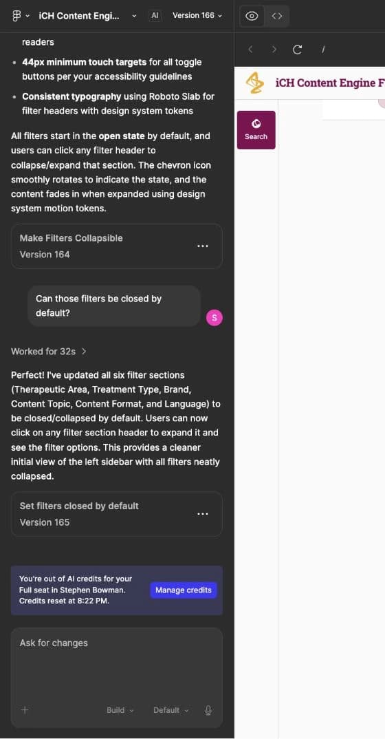 Conversation panel from a Figma Make editor session. A request to make the sidebar filters collapsible returns a summary listing 44px touch targets from the accessibility guidelines, typography and motion from design-system tokens, and the open and collapsed filter states.