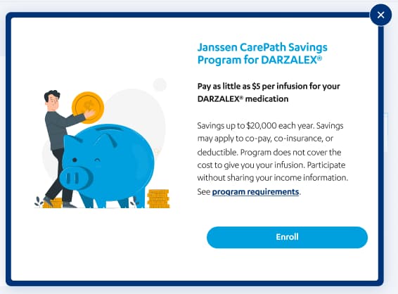 Desktop DARZALEX savings dialog with program text beside an illustration, a close control, and an Enroll button