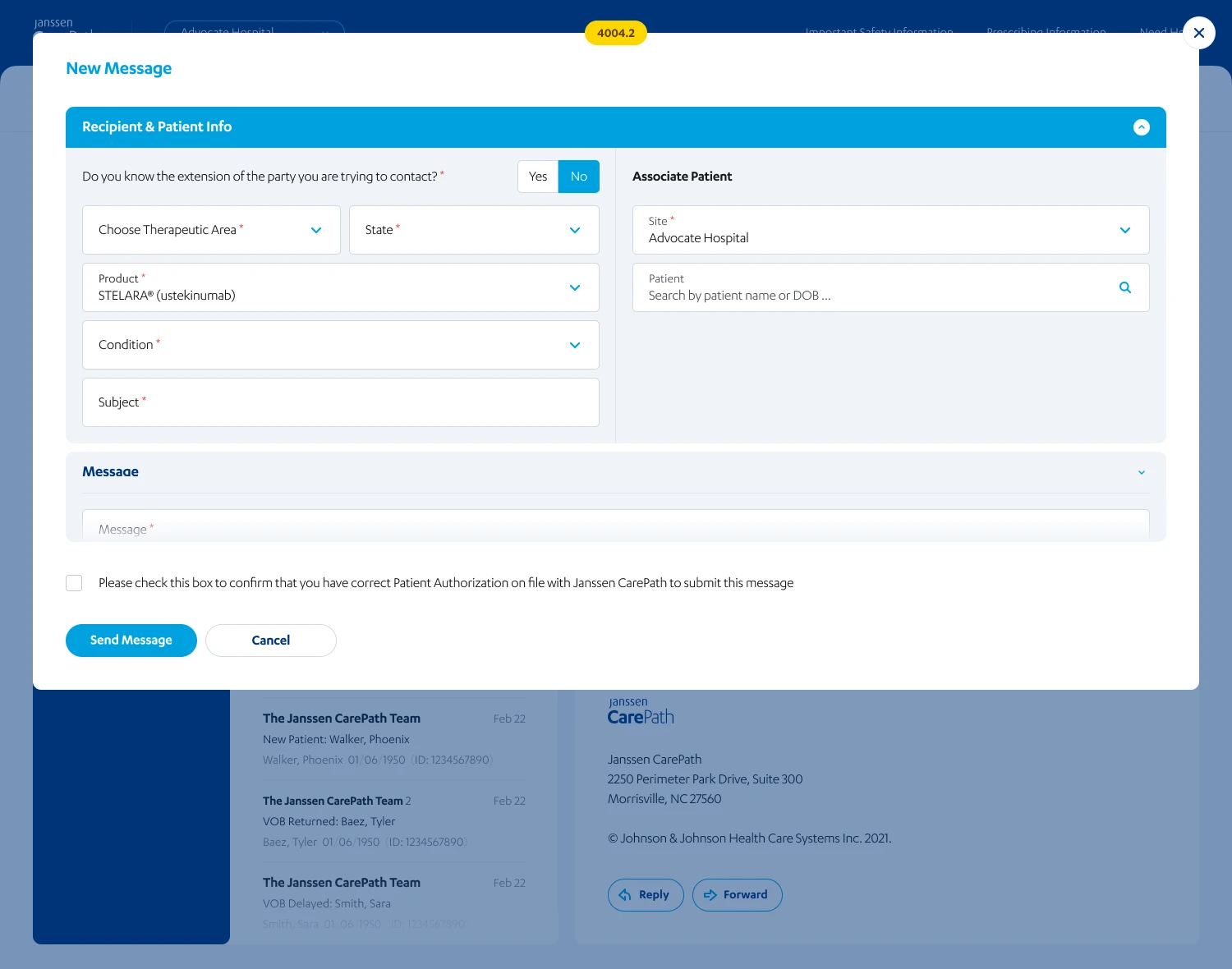 New Message design with No selected and therapeutic-area and state fields replacing the extension field